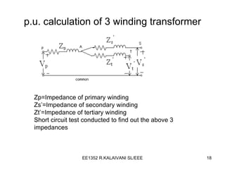 p.u. calculation of 3 winding transformer Zp=Impedance of primary winding Zs’=Impedance of secondary winding Zt’=Impedance of tertiary winding Short circuit test conducted to find out the above 3 impedances 