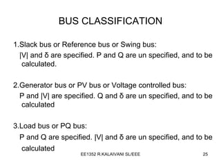 BUS CLASSIFICATION 1.Slack bus or Reference bus or Swing bus: |V| and  δ  are specified. P and Q are un specified, and to be calculated. 2.Generator bus or PV bus or Voltage controlled bus: P and  |V|  are specified. Q and  δ  are un specified, and to be calculated  3.Load bus or PQ bus: P and Q   are specified.  |V|  and  δ  are un specified, and to be calculated   