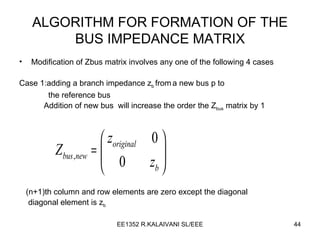 ALGORITHM FOR FORMATION OF THE BUS IMPEDANCE MATRIX Modification of Zbus matrix involves any one of the following 4 cases Case 1:adding a branch impedance z b  from   a new bus p to  the reference bus Addition of new bus  will increase the order the Z bus  matrix by 1 (n+1)th column and row elements are zero except the diagonal diagonal element is z b 