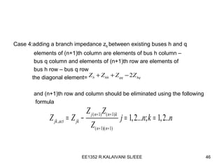 Case 4:adding a branch impedance z b  between existing buses h and q  elements of (n+1)th column are elements of bus h column – bus q column and elements of (n+1)th row are elements of  bus h row – bus q row  the diagonal element= and (n+1)th row and column should be eliminated using the following formula  