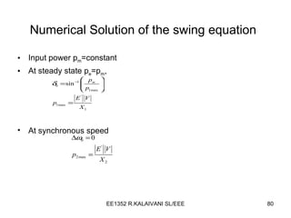 Numerical Solution of the swing equation   Input power p m =constant At steady state p e =p m , At synchronous speed 