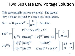 Two Bus Case Low Voltage Solution
(0)
(0) (0)
2 2
(0)
(0) (0) (0
2 2 2
This case actually has two solutions! The second
"low voltage" is found by using a low initial guess.
0
Set 0, guess . Calculate:
0.25
(10sin ) 2.0
( )
( 10cos )
v
V
V V


 
   
 


 
x
f x 2)
(0) (0) (0)
2 2 2(0)
(0) (0) (0) (0)
2 2 2 2
2
0.875(10) 1.0
10 cos 10sin 2.5 0
( )
0 510 sin 10cos 20
V
V V
 
 
 
         
 
          
J x
22
 