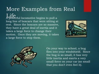 More Examples from Real
Life
A powerful locomotive begins to pull a
long line of boxcars that were sitting at
rest. Since the boxcars are so massive,
they have a great deal of inertia and it
takes a large force to change their
motion. Once they are moving, it takes
a large force to stop them.
On your way to school, a bug
flies into your windshield. Since
the bug is so small, it has very
little inertia and exerts a very
small force on your car (so small
that you don’t even feel it).
 