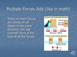 Multiple Forces Add (like in math)
 If two or more forces
are acting on an
object in the same
direction, the net
(overall) force is the
sum of all the forces
 
