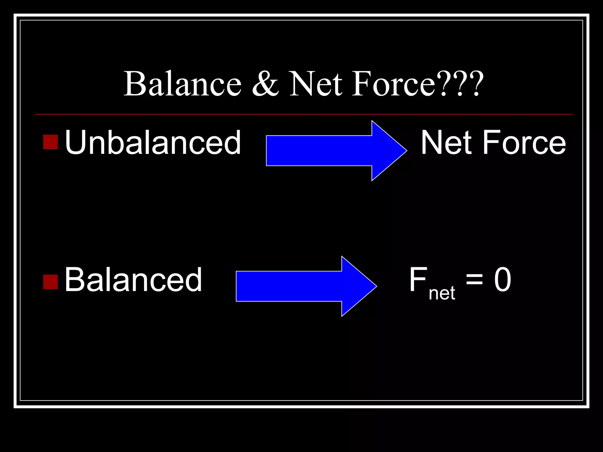 Balance & Net Force??? Unbalanced Net Force Balanced F net = 0