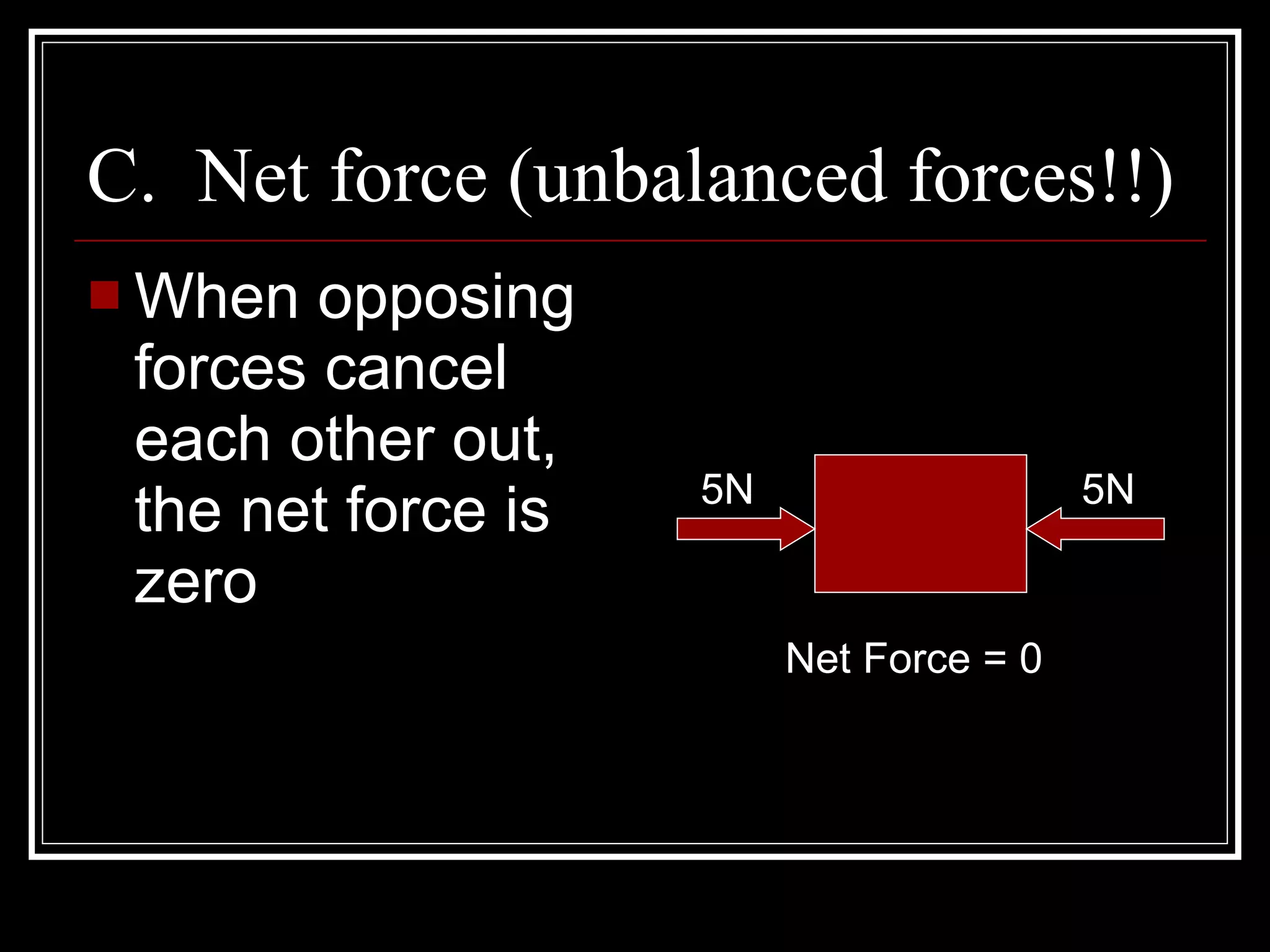 C. Net force (unbalanced forces!!) When opposing forces cancel each other out, the net force is zero 5N 5N Net Force = 0