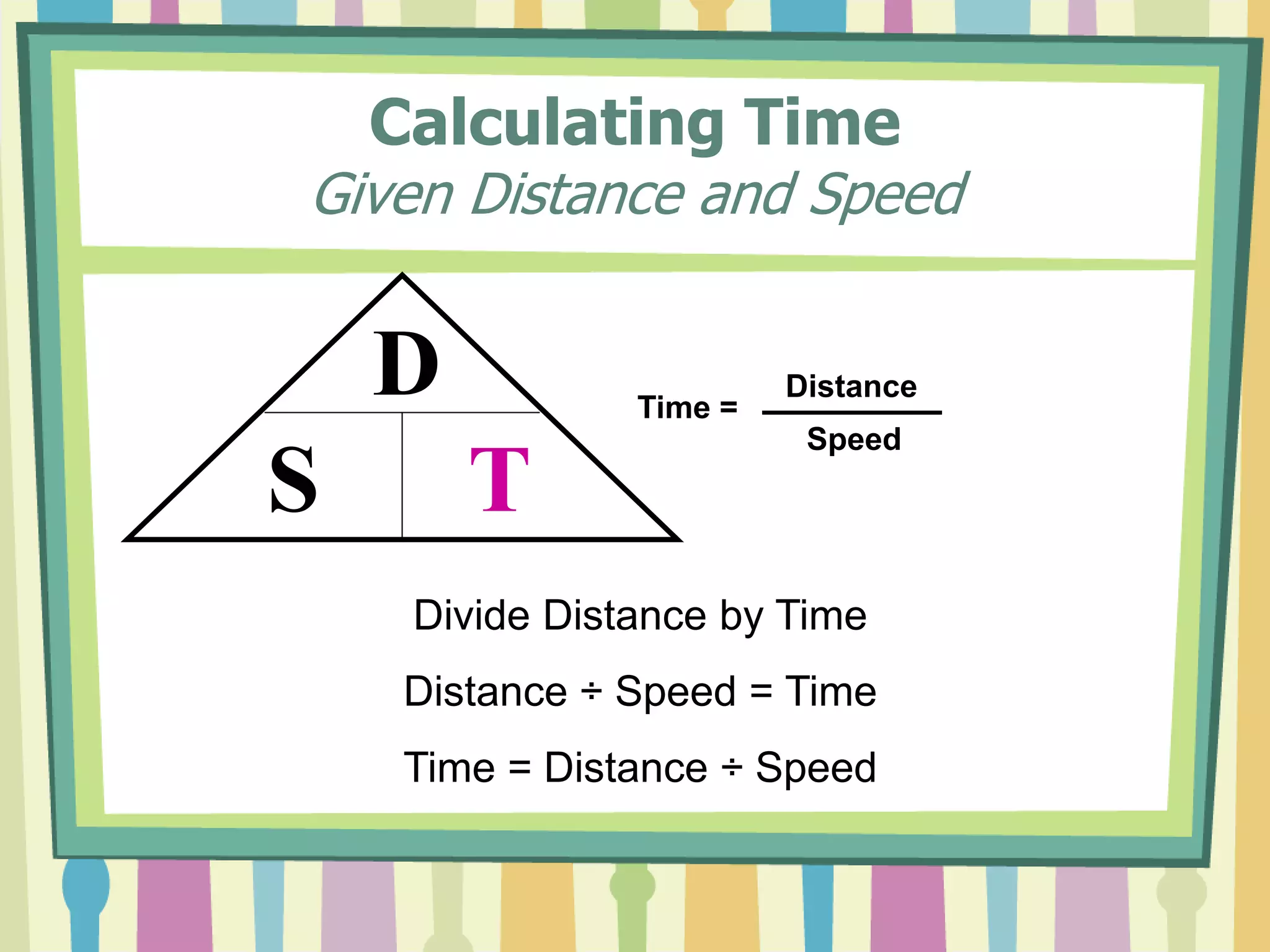 Calculating Time 
Given Distance and Speed 
D 
S T 
Time = 
Distance 
Speed 
Divide Distance by Time 
Distance ÷ Speed = Time 
Time = Distance ÷ Speed 
 