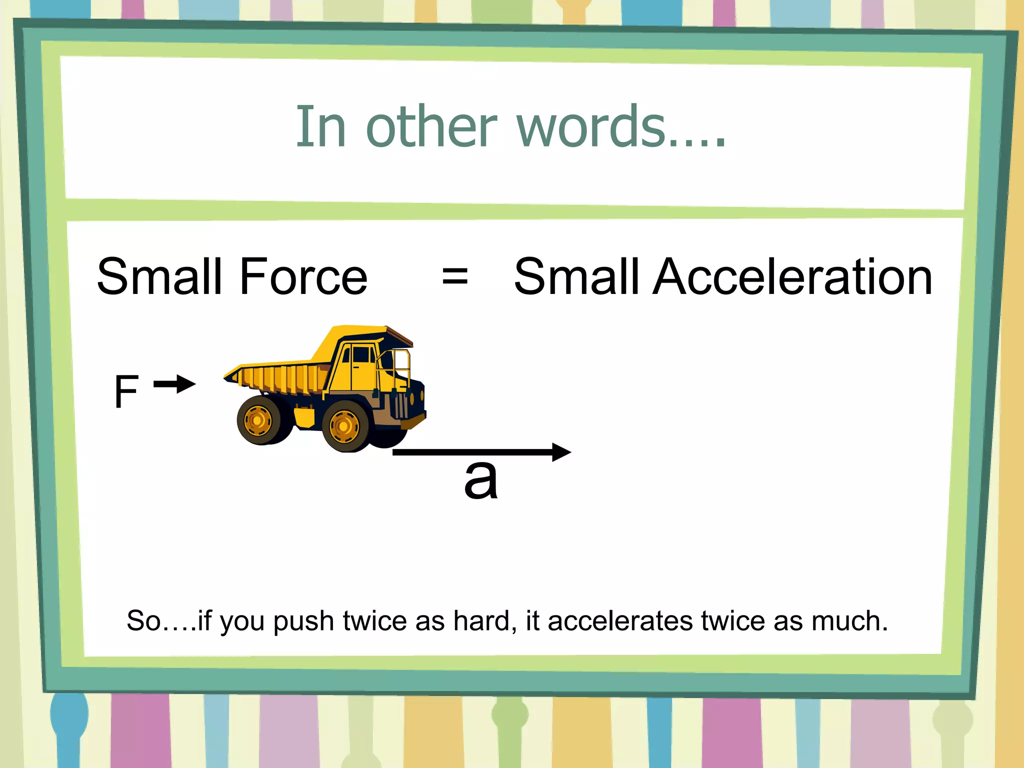 In other words…. 
Small Force = Small Acceleration 
F 
a 
So….if you push twice as hard, it accelerates twice as much. 
 