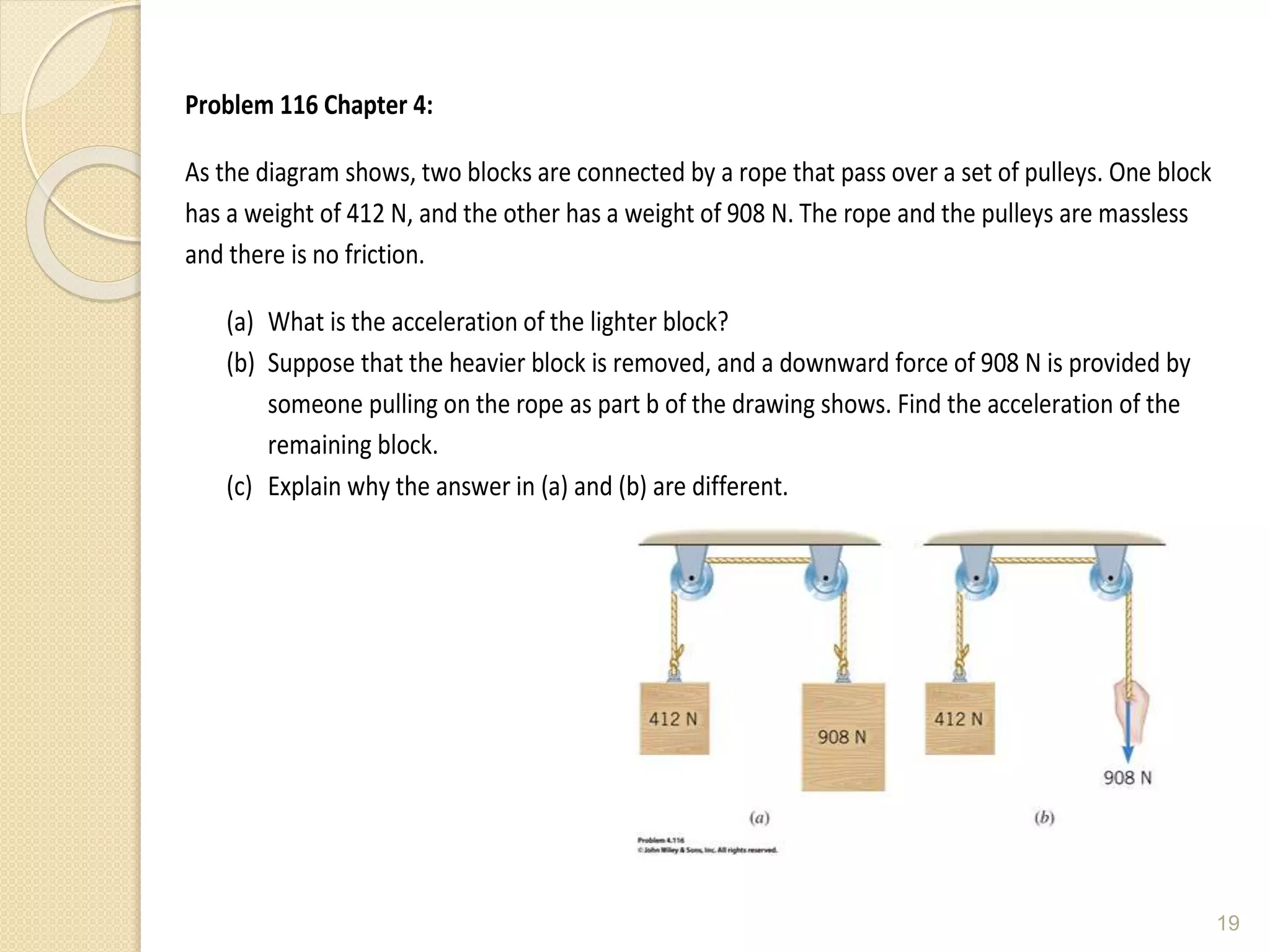 Problem 116 Chapter 4:
As the diagram shows, two blocks are connected by a rope that pass over a set of pulleys. One block
has a weight of 412 N, and the other has a weight of 908 N. The rope and the pulleys are massless
and there is no friction.
(a) What is the acceleration of the lighter block?
(b) Suppose that the heavier block is removed, and a downward force of 908 N is provided by
someone pulling on the rope as part b of the drawing shows. Find the acceleration of the
remaining block.
(c) Explain why the answer in (a) and (b) are different.
19
 