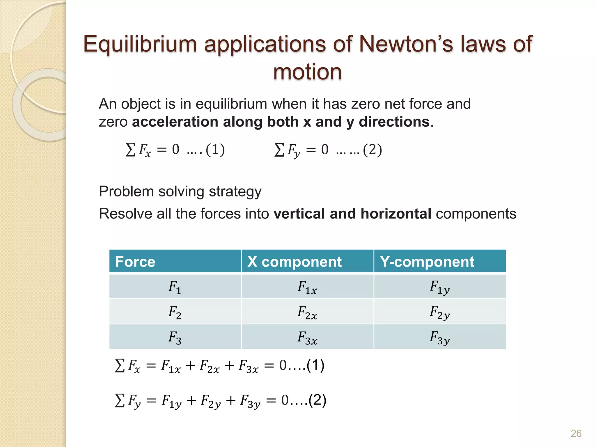 Equilibrium applications of Newton’s laws of
motion
An object is in equilibrium when it has zero net force and
zero acceleration along both x and y directions.
𝐹𝑥 = 0 … . (1) 𝐹𝑦 = 0 … … (2)
Problem solving strategy
Resolve all the forces into vertical and horizontal components
Force X component Y-component
𝐹1 𝐹1𝑥 𝐹1𝑦
𝐹2 𝐹2𝑥 𝐹2𝑦
𝐹3 𝐹3𝑥 𝐹3𝑦
𝐹𝑥 = 𝐹1𝑥 + 𝐹2𝑥 + 𝐹3𝑥 = 0….(1)
𝐹𝑦 = 𝐹1𝑦 + 𝐹2𝑦 + 𝐹3𝑦 = 0….(2)
26
 