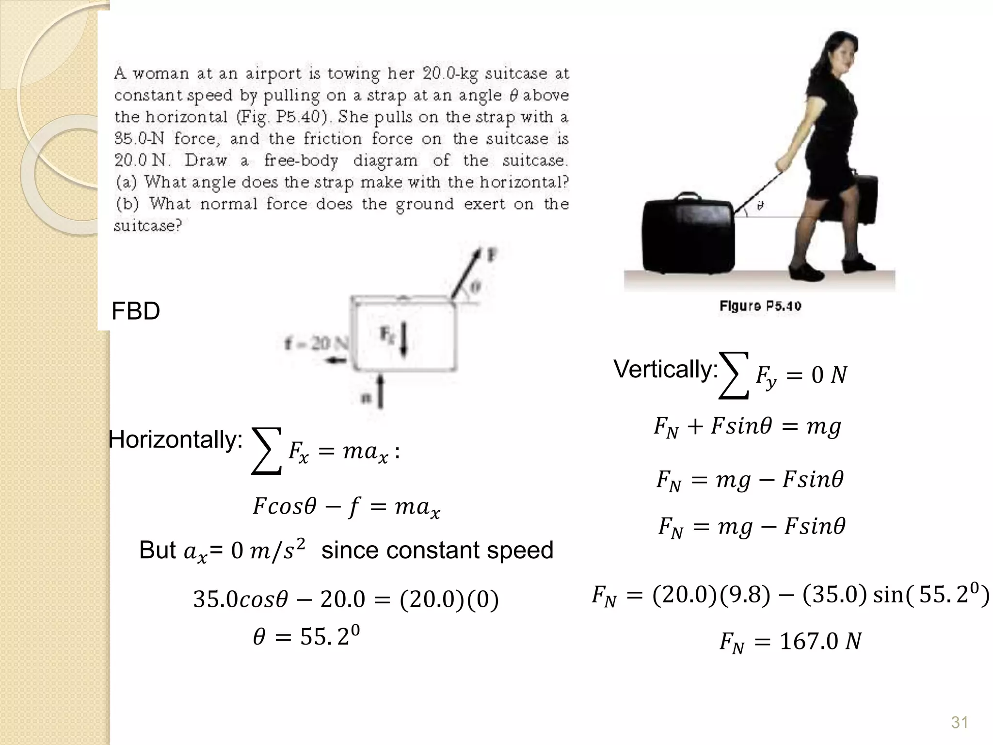 FBD
Horizontally: 𝐹𝑥 = 𝑚𝑎𝑥 :
𝐹𝑐𝑜𝑠𝜃 − 𝑓 = 𝑚𝑎𝑥
35.0𝑐𝑜𝑠𝜃 − 20.0 = (20.0)(0)
But 𝑎𝑥= 0 𝑚/𝑠2 since constant speed
𝜃 = 55. 20
𝐹𝑁 + 𝐹𝑠𝑖𝑛𝜃 = 𝑚𝑔
𝐹𝑁 = 𝑚𝑔 − 𝐹𝑠𝑖𝑛𝜃
𝐹𝑁 = 𝑚𝑔 − 𝐹𝑠𝑖𝑛𝜃
Vertically: 𝐹𝑦 = 0 𝑁
𝐹𝑁 = 167.0 𝑁
𝐹𝑁 = (20.0)(9.8) − 35.0 sin( 55. 20
)
31
 