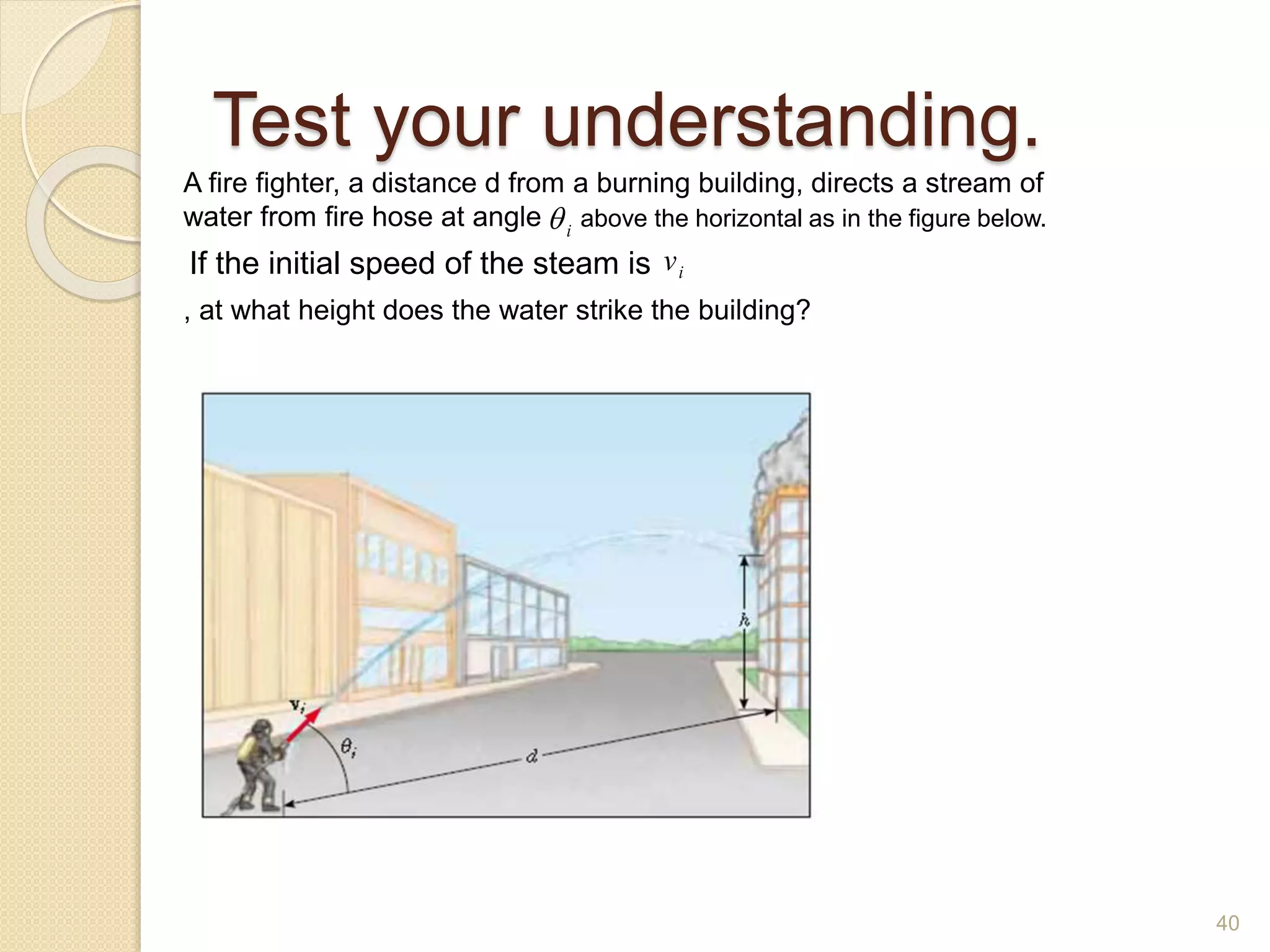 Test your understanding.
i
q
i
v
A fire fighter, a distance d from a burning building, directs a stream of
water from fire hose at angle above the horizontal as in the figure below.
, at what height does the water strike the building?
If the initial speed of the steam is
40
 