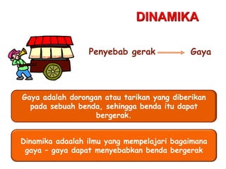 4
DINAMIKA
Penyebab gerak
Dinamika adaalah ilmu yang mempelajari bagaimana
gaya – gaya dapat menyebabkan benda bergerak
Gaya adalah dorongan atau tarikan yang diberikan
pada sebuah benda, sehingga benda itu dapat
bergerak.
Gaya
 