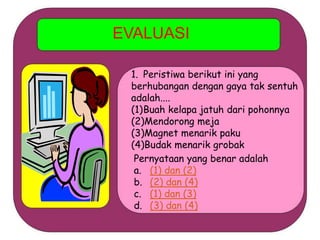 EVALUASI
1. Peristiwa berikut ini yang
berhubangan dengan gaya tak sentuh
adalah....
(1)Buah kelapa jatuh dari pohonnya
(2)Mendorong meja
(3)Magnet menarik paku
(4)Budak menarik grobak
Pernyataan yang benar adalah
a. (1) dan (2)
b. (2) dan (4)
c. (1) dan (3)
d. (3) dan (4)
 