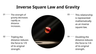 01
02
03
04
Inverse Square Law and Gravity
The strength of
gravity decreases
rapidly as
distance
increases.
This relationship
is represented
mathematically
as an inverse
square law.
Doubling the
distance reduces
the force to 1/4
of its original
strength.
Tripling the
distance reduces
the force to 1/9
of its original
strength.
 