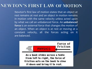 Newton's first law of motion states that an object at 
rest remains at rest and an object in motion remains 
in motion with the same velocity unless acted upon 
by what we call an unbalanced force. An unbalanced 
force is an external force that changes the motion of 
an object. When an object is at rest or moving at a 
constant velocity, all the forces acting on it 
are balanced. 
 