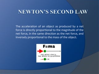 The acceleration of an object as produced by a net 
force is directly proportional to the magnitude of the 
net force, in the same direction as the net force, and 
inversely proportional to the mass of the object. 
 