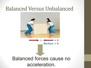 Balanced Versus Unbalanced
Balanced forces cause no
acceleration.
 