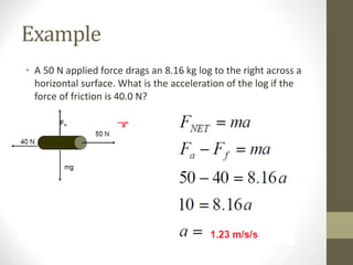 Example
• A 50 N applied force drags an 8.16 kg log to the right across a
horizontal surface. What is the acceleration of the log if the
force of friction is 40.0 N?
 