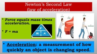 Newton’s Second Law
(law of acceleration)
• Force equals mass times
acceleration.
• F = ma
• Acceleration: a measurement of how
quickly an object is changing speed.
 
