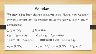 Solution
We draw a free-body diagram as shown in the Figure. Now we apply
Newton’s second law. We consider all vectors resolved into x- and y-
components:
𝐹𝑥 = 𝑚𝑎𝑥 𝐹𝑦 = 𝑚𝑎𝑦
𝐹1𝑥 − 𝐹3𝑥 = 𝑚𝑎𝑥 𝐹1𝑦 + 𝐹4𝑦 − 𝐹2𝑦 = 𝑚𝑎𝑦
10.0𝑐𝑜𝑠30 − 5 = 4𝑎𝑥 10.0𝑠𝑖𝑛30 + 2.0 − 40.0 = 4𝑎𝑦
𝑎𝑥 = 0.92𝒊 𝑎𝑦 = −8.3𝒋 ∴ 𝒂 = 0.92𝒊 − 8.3𝒋 𝑚𝑠−2
 