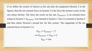 If we define the system of interest as the cart plus the equipment (System 2 in the
figure), then the net external force on System 2 is the force the lecturer exerts on the
cart minus friction. The force she exerts on the cart, 𝐹𝑙𝑒𝑐𝑡𝑢𝑟𝑒𝑟, is an external force
acting on System 2. 𝐹𝑙𝑒𝑐𝑡𝑢𝑟𝑒𝑟 was internal to System 1, but it is external to System 2
and thus enters Newton’s second law for this system. The magnitude of the net
external force on System 2 is
𝐹𝑁𝑒𝑡 = 𝐹𝑙𝑒𝑐𝑡𝑢𝑟𝑒𝑟 − 𝑓
⟹ 𝐹𝑙𝑒𝑐𝑡𝑢𝑟𝑒𝑟 = 𝐹𝑁𝑒𝑡 + 𝑓
𝐹𝑁𝑒𝑡 = ma
 