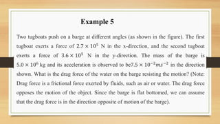 Example 5
Two tugboats push on a barge at different angles (as shown in the figure). The first
tugboat exerts a force of 2.7 × 105 N in the x-direction, and the second tugboat
exerts a force of 3.6 × 105
N in the y-direction. The mass of the barge is
5.0 × 106 kg and its acceleration is observed to be7.5 × 10−2𝑚𝑠−2 in the direction
shown. What is the drag force of the water on the barge resisting the motion? (Note:
Drag force is a frictional force exerted by fluids, such as air or water. The drag force
opposes the motion of the object. Since the barge is flat bottomed, we can assume
that the drag force is in the direction opposite of motion of the barge).
 