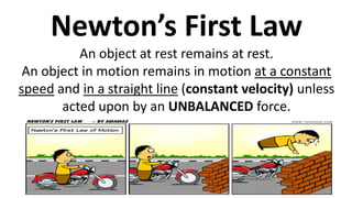 Newton’s First Law
An object at rest remains at rest.
An object in motion remains in motion at a constant
speed and in a straight line (constant velocity) unless
acted upon by an UNBALANCED force.
 