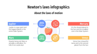 Newton's laws infographics
Mercury
It's the closest planet to
the Sun and the smallest
one in the Solar System
Jupiter
Jupiter is a gas giant and
the biggest planet in the
entire Solar System
Mars
Despite being red, Mars is
actually a cold place. It’s
full of iron oxide dust
Venus
Venus has a beautiful
name and is the second
planet from the Sun
About the laws of motion
 