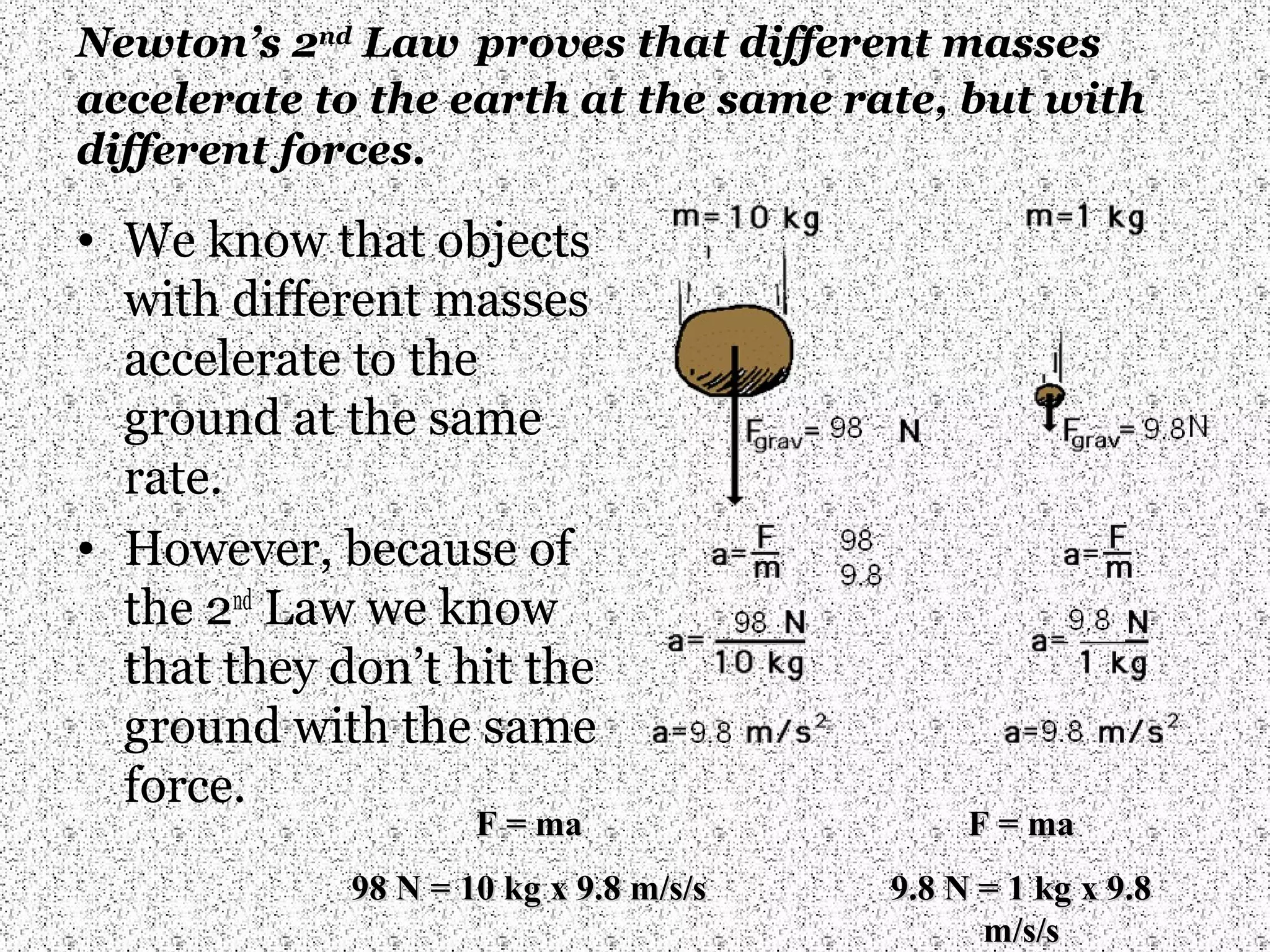 Newton’s 2nd Law proves that different masses
accelerate to the earth at the same rate, but with
different forces.

• We know that objects
  with different masses
  accelerate to the
  ground at the same
  rate.
• However, because of
  the 2nd Law we know
  that they don’t hit the
  ground with the same
  force.
                     F = ma                  F = ma
             98 N = 10 kg x 9.8 m/s/s   9.8 N = 1 kg x 9.8
                                              m/s/s
 