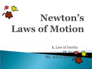 I. Law of Inertia
II. F=ma
III. Action-Reaction
 