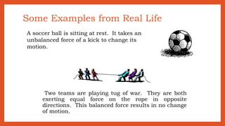 Some Examples from Real Life
Two teams are playing tug of war. They are both
exerting equal force on the rope in opposite
directions. This balanced force results in no change
of motion.
A soccer ball is sitting at rest. It takes an
unbalanced force of a kick to change its
motion.
 