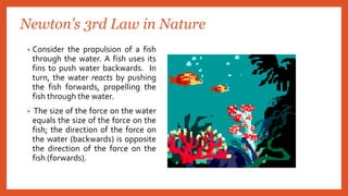 Newton’s 3rd Law in Nature
• Consider the propulsion of a fish
through the water. A fish uses its
fins to push water backwards. In
turn, the water reacts by pushing
the fish forwards, propelling the
fish through the water.
• The size of the force on the water
equals the size of the force on the
fish; the direction of the force on
the water (backwards) is opposite
the direction of the force on the
fish (forwards).
 