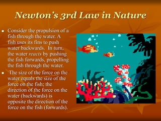 Newton’s 3rd Law in Nature
 Consider the propulsion of a
fish through the water. A
fish uses its fins to push
water backwards. In turn,
the water reacts by pushing
the fish forwards, propelling
the fish through the water.
 The size of the force on the
water equals the size of the
force on the fish; the
direction of the force on the
water (backwards) is
opposite the direction of the
force on the fish (forwards).
 