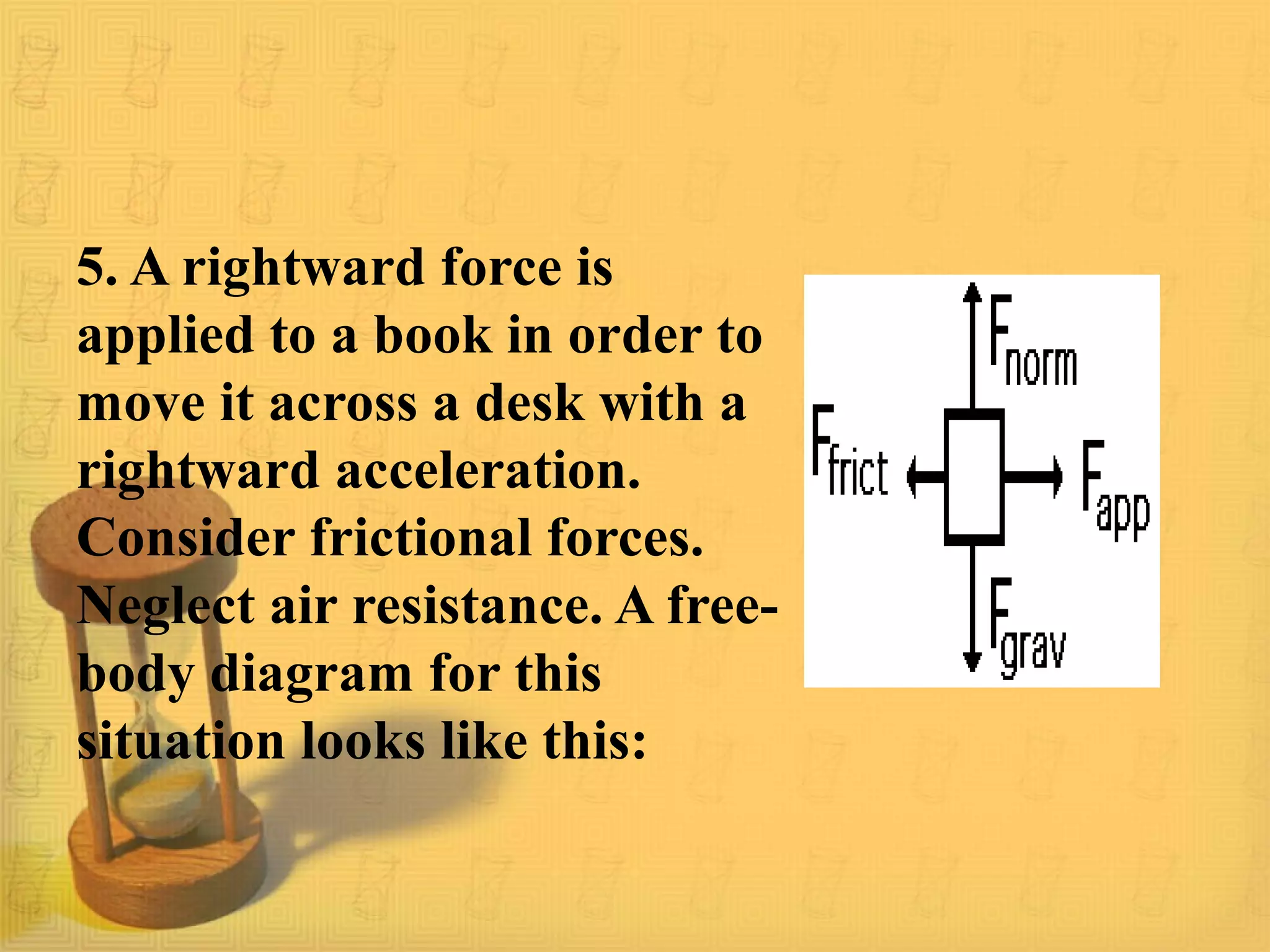 5. A rightward force is
applied to a book in order to
move it across a desk with a
rightward acceleration.
Consider frictional forces.
Neglect air resistance. A free-
body diagram for this
situation looks like this:
 