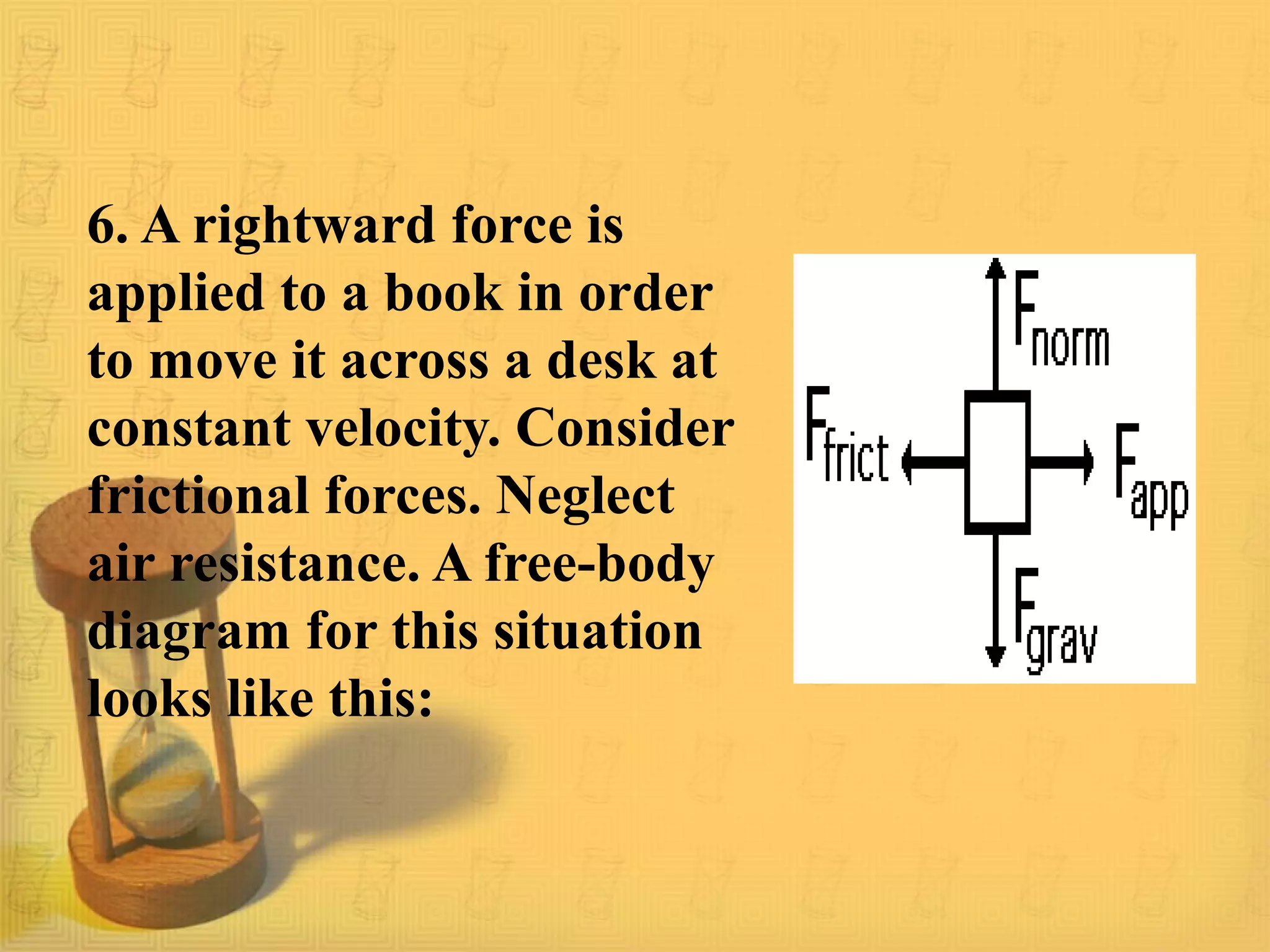 6. A rightward force is
applied to a book in order
to move it across a desk at
constant velocity. Consider
frictional forces. Neglect
air resistance. A free-body
diagram for this situation
looks like this:
 