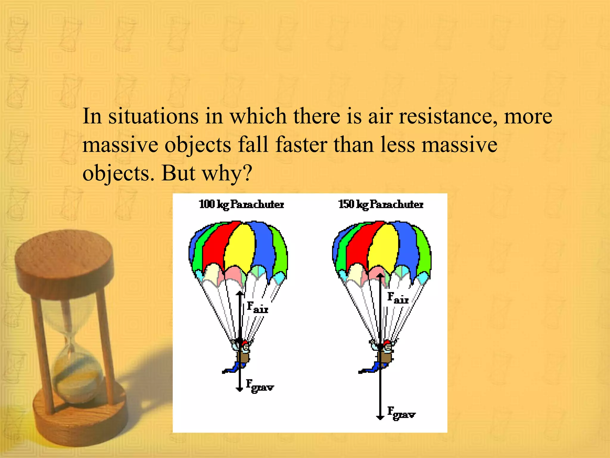 In situations in which there is air resistance, more
massive objects fall faster than less massive
objects. But why?
 