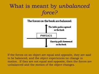 What is meant by unbalanced
force?
If the forces on an object are equal and opposite, they are said
to be balanced, and the object experiences no change in
motion. If they are not equal and opposite, then the forces are
unbalanced and the motion of the object changes.
 