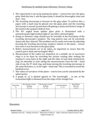 Interference by multiple beam reflections: Newton’s Rings


   1. The experiment is set up by putting the plano – convex lens over the glass
      plate. Both the lens L and the glass plate G should be thoroughly clean and
      dust – free.
   2. The traveling microscope is focused on the glass plate. To achieve this, a
      paper with a mark may be placed over the glass plate and the traveling
      microscope is moved up and down till getting a sharp and distinct image of
      the mark in the eyepiece field of view.
   3. The 450 angled beam splitter glass plate is illuminated with a
      monochromatic light (sodium light or any other coherent light).
   4. Doing so, Newton’s rings should now be viewable at the focal plane of the
      traveling microscope’s eyepiece. The ring pattern may not be extremely
      sharp and, thus, blurred. This problem can be easily overcome by adjusting
      focusing the traveling microscope eyepiece relative to the plano – convex
      lens since it was focused on the glass plate.
   5. Before measurements are to be taken, its important to insure that the
      central spot is dark and not bright!! Why?
   6. Measurement of the radius (or diameter) of a suitable set of successive
      rings is to be done by recording the vernier reading after making the
      eyepiece’s cross hairs at the right and left sides of each dark interference
      ring. Its advisable to start taking the measurements from the left – hand
      side of say, the 5th dark ring, and keep moving the traveling microscope in
      the same direction, i.e. to the right – hand side. This is essential to avoid the
      backlash error.
   7. The radius of curvature of the plano – convex lens can be calculated by the
      spherometer.
   8. A graph of        is plotted against m. The wavelength , in nm, of the
      transmitted light is obtained from the slope of the straight line.

                   Microscope’s Venire    Microscope’s Venier                             Ring Radius
   Ring Order                                                      mth Ring Radius
                        Reading                Reading                                      Squared
       m                                                                 rm cm
                         XR cm                  XL cm                                       r2m cm2
        5
        4
        3
        2
        1



Discussion

 Newton’s Rings                              page 5 of 7                             Tuesday, May 22, 2012
  Baghdad University – College of Science – Department of Physics – Optics Laboratory Administration Tele:
                                           +009647702981421
 
