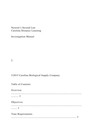 Newton’s Second Law
Carolina Distance Learning
Investigation Manual
2
©2015 Carolina Biological Supply Company
Table of Contents
Overview
...............................................................................................
.......... 3
Objectives
...............................................................................................
........ 3
Time Requirements
........................................................................................ 3
 