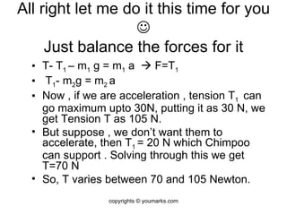 All right let me do it this time for you   Just balance the forces for it T- T 1  – m 1  g = m 1  a    F=T 1 T 1 - m 2 g = m 2  a Now , if we are acceleration , tension T 1  can go maximum upto 30N, putting it as 30 N, we get Tension T as 105 N. But suppose , we don’t want them to accelerate, then T 1  = 20 N which Chimpoo can support . Solving through this we get T=70 N So, T varies between 70 and 105 Newton. copyrights © youmarks.com 