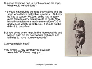 Suppose Chimpoo had to climb alone on the rope, what would he had done? He would have pulled the rope downwards and the  rope would have pulled him upwards …But now he has to support McZee , so he has to apply more force to carry him upwards to right? Now his tail can tolerate a maximum tension of 30 N and McZee weight is 20 N. So , it should not be difficult to carry him. But how come when he pulls the rope upwards and McZee pulls his tail downwards both rope and tail tries to move monkey upwards? Can you explain how? Very simple….Any law that you guys can associate??? Come on guys… copyrights © youmarks.com 