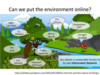 Can we put the environment online?
http://ubidots.wordpress.com/2012/01/28/the-internet-and-the-nature-of-things/
 