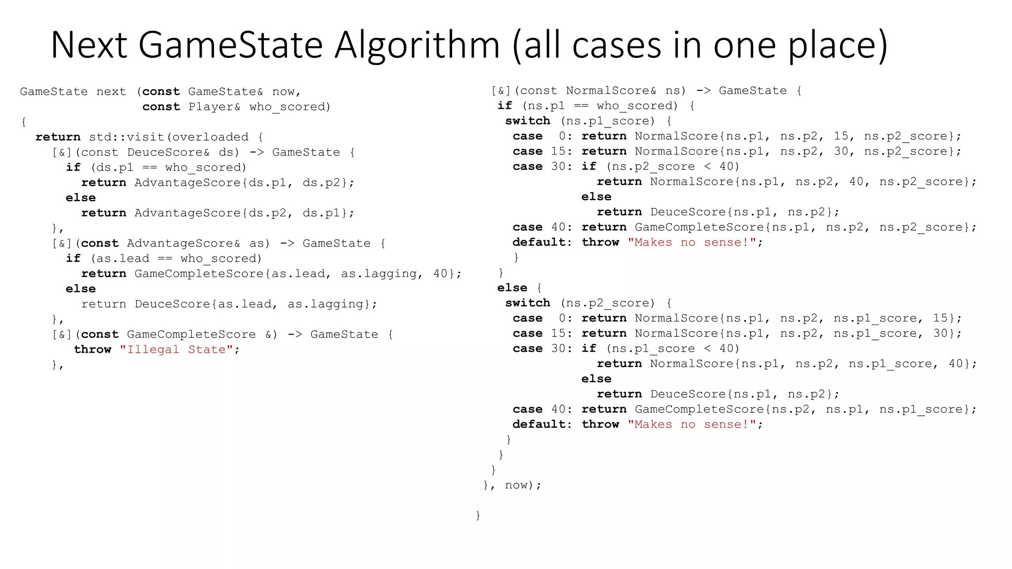 A Template to Inherit Lambdas
template <class... Ts>
struct overloaded : Ts... {
using Ts::operator()...;
explicit overloaded(Ts... ts) : Ts(ts)... {}
};
A User-Defined Deduction Guide
explicit overloaded(Ts... ts) : Ts(ts)... {}
template <class... Ts> overloaded(Ts...) -> overloaded<Ts...>;
 