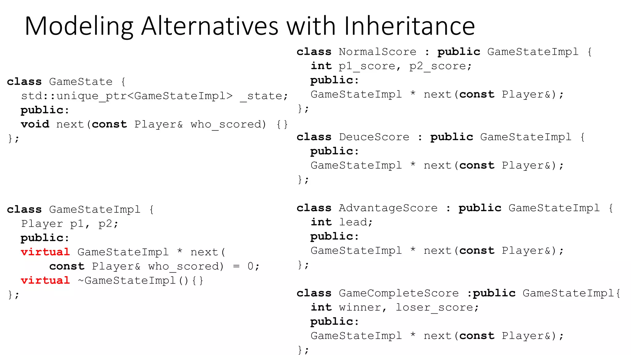 Next GameState Algorithm (all cases in one place)
GameState next (const GameState& now,
const Player& who_scored)
{
return std::visit(overloaded {
[&](const DeuceScore& ds) -> GameState {
if (ds.p1 == who_scored)
return AdvantageScore{ds.p1, ds.p2};
else
return AdvantageScore{ds.p2, ds.p1};
},
[&](const AdvantageScore& as) -> GameState {
if (as.lead == who_scored)
return GameCompleteScore{as.lead, as.lagging, 40};
else
return DeuceScore{as.lead, as.lagging};
},
[&](const GameCompleteScore &) -> GameState {
throw "Illegal State";
},
[&](const NormalScore& ns) -> GameState {
if (ns.p1 == who_scored) {
switch (ns.p1_score) {
case 0: return NormalScore{ns.p1, ns.p2, 15, ns.p2_score};
case 15: return NormalScore{ns.p1, ns.p2, 30, ns.p2_score};
case 30: if (ns.p2_score < 40)
return NormalScore{ns.p1, ns.p2, 40, ns.p2_score};
else
return DeuceScore{ns.p1, ns.p2};
case 40: return GameCompleteScore{ns.p1, ns.p2, ns.p2_score};
default: throw "Makes no sense!";
}
}
else {
switch (ns.p2_score) {
case 0: return NormalScore{ns.p1, ns.p2, ns.p1_score, 15};
case 15: return NormalScore{ns.p1, ns.p2, ns.p1_score, 30};
case 30: if (ns.p1_score < 40)
return NormalScore{ns.p1, ns.p2, ns.p1_score, 40};
else
return DeuceScore{ns.p1, ns.p2};
case 40: return GameCompleteScore{ns.p2, ns.p1, ns.p1_score};
default: throw "Makes no sense!";
}
}
}
}, now);
}
 