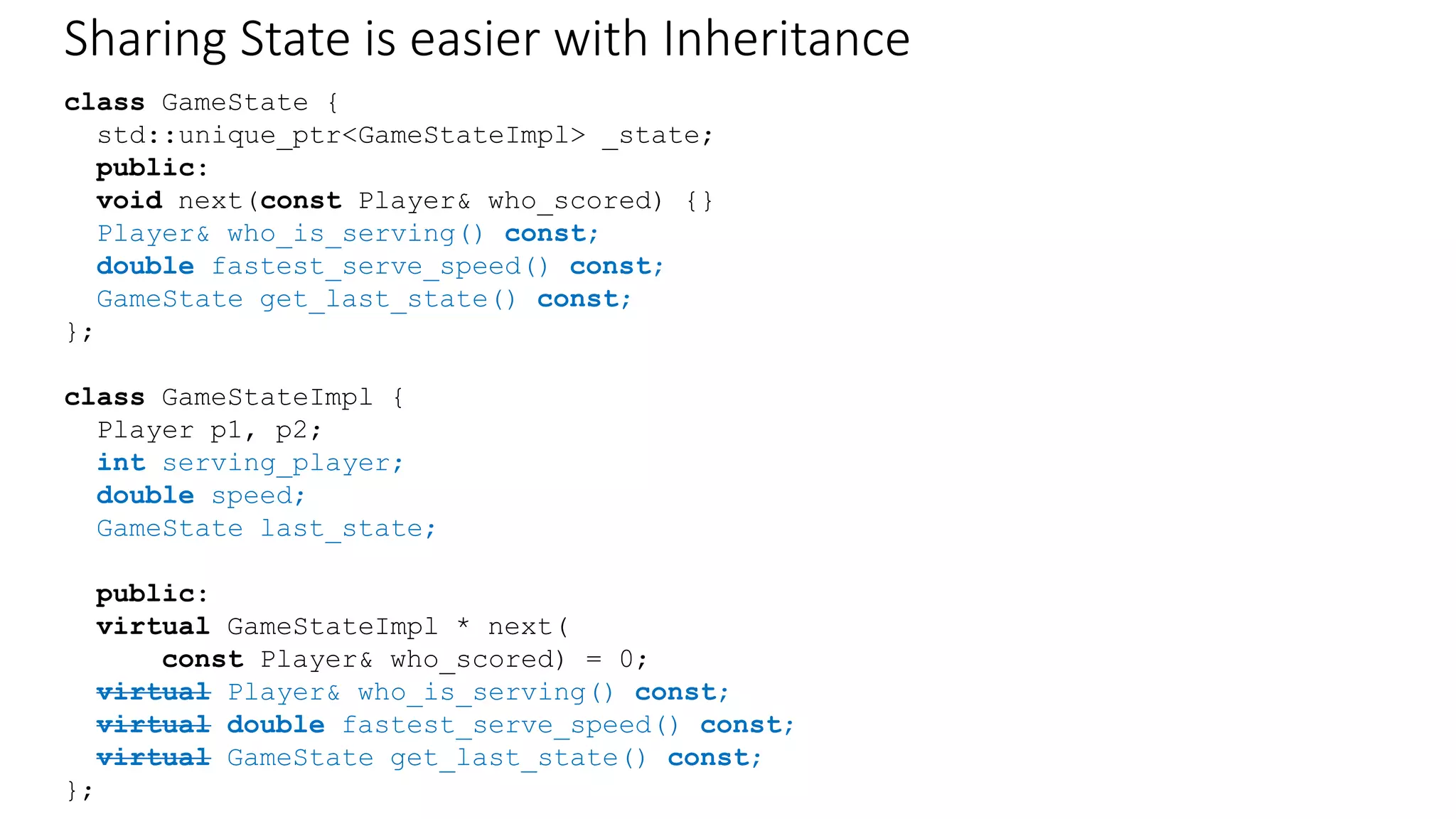 Modeling Alternatives with Inheritance
class GameState {
std::unique_ptr<GameStateImpl> _state;
public:
void next(const Player& who_scored) {}
};
class GameStateImpl {
Player p1, p2;
public:
virtual GameStateImpl * next(
const Player& who_scored) = 0;
virtual ~GameStateImpl(){}
};
class NormalScore : public GameStateImpl {
int p1_score, p2_score;
public:
GameStateImpl * next(const Player&);
};
class DeuceScore : public GameStateImpl {
public:
GameStateImpl * next(const Player&);
};
class AdvantageScore : public GameStateImpl {
int lead;
public:
GameStateImpl * next(const Player&);
};
class GameCompleteScore :public GameStateImpl{
int winner, loser_score;
public:
GameStateImpl * next(const Player&);
};
 