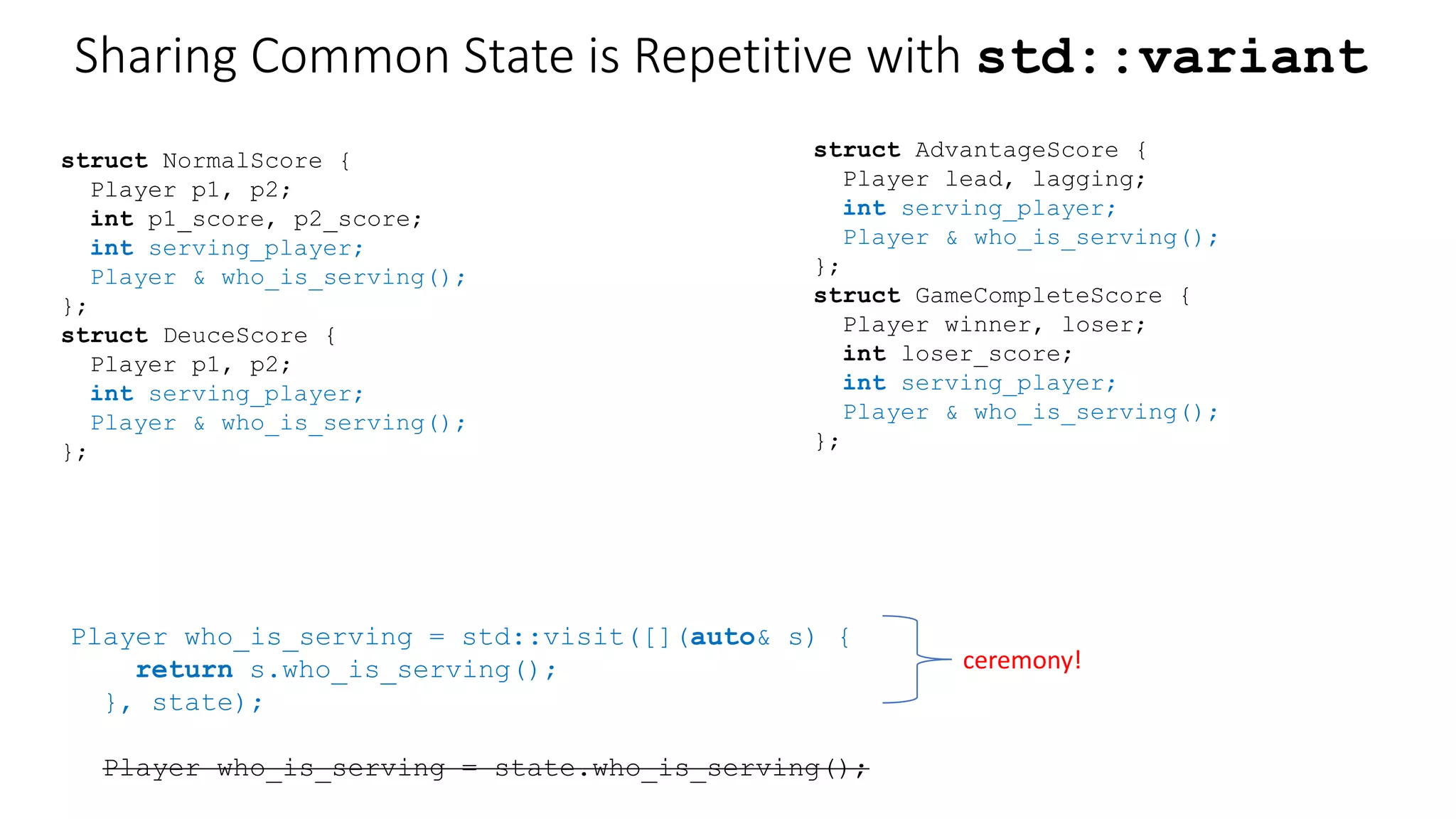 Sharing State is easier with Inheritance
class GameState {
std::unique_ptr<GameStateImpl> _state;
public:
void next(const Player& who_scored) {}
Player& who_is_serving() const;
double fastest_serve_speed() const;
GameState get_last_state() const;
};
class GameStateImpl {
Player p1, p2;
int serving_player;
double speed;
GameState last_state;
public:
virtual GameStateImpl * next(
const Player& who_scored) = 0;
virtual Player& who_is_serving() const;
virtual double fastest_serve_speed() const;
virtual GameState get_last_state() const;
};
 