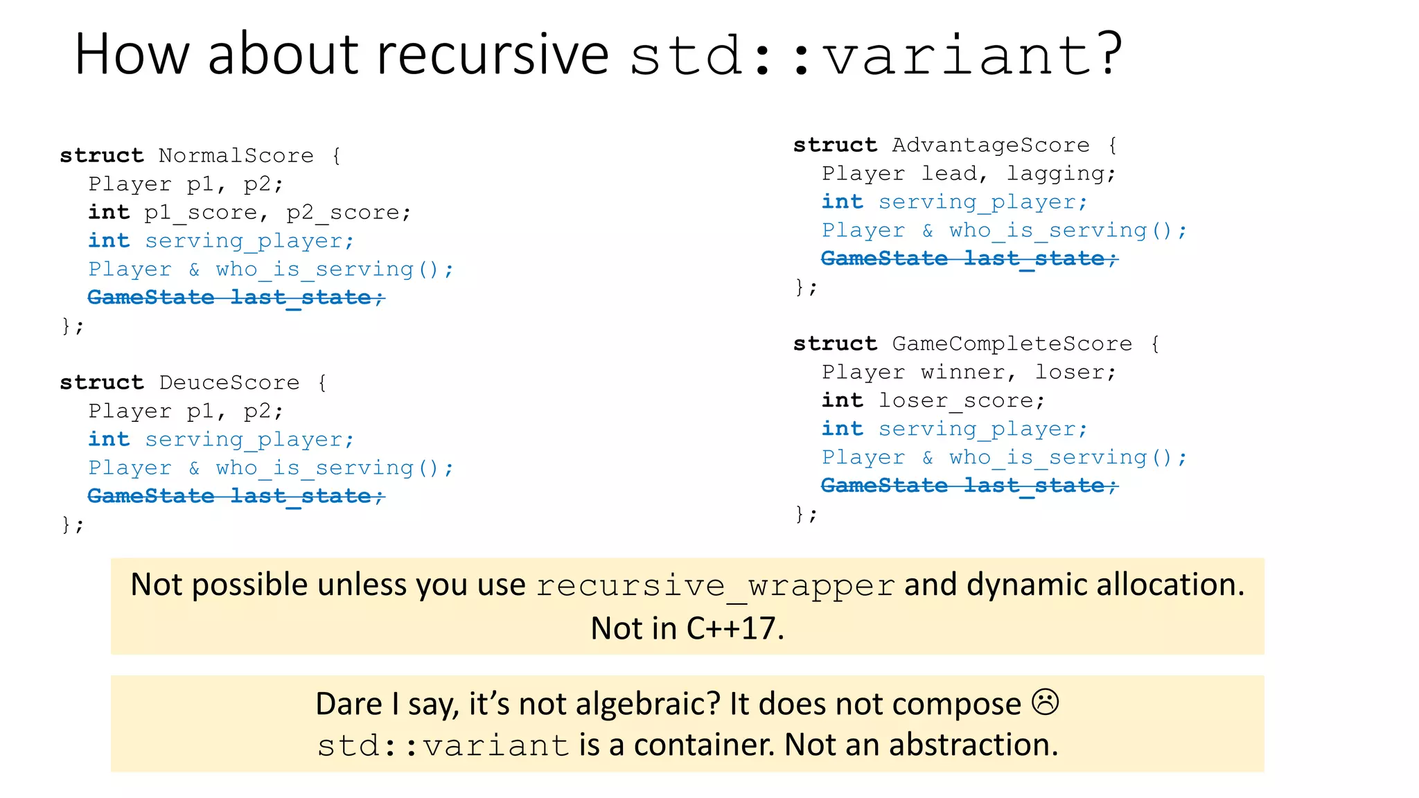 Sharing Common State is Repetitive with std::variant
Player who_is_serving = std::visit([](auto& s) {
return s.who_is_serving();
}, state);
Player who_is_serving = state.who_is_serving();
ceremony!
struct NormalScore {
Player p1, p2;
int p1_score, p2_score;
int serving_player;
Player & who_is_serving();
};
struct DeuceScore {
Player p1, p2;
int serving_player;
Player & who_is_serving();
};
struct AdvantageScore {
Player lead, lagging;
int serving_player;
Player & who_is_serving();
};
struct GameCompleteScore {
Player winner, loser;
int loser_score;
int serving_player;
Player & who_is_serving();
};
 