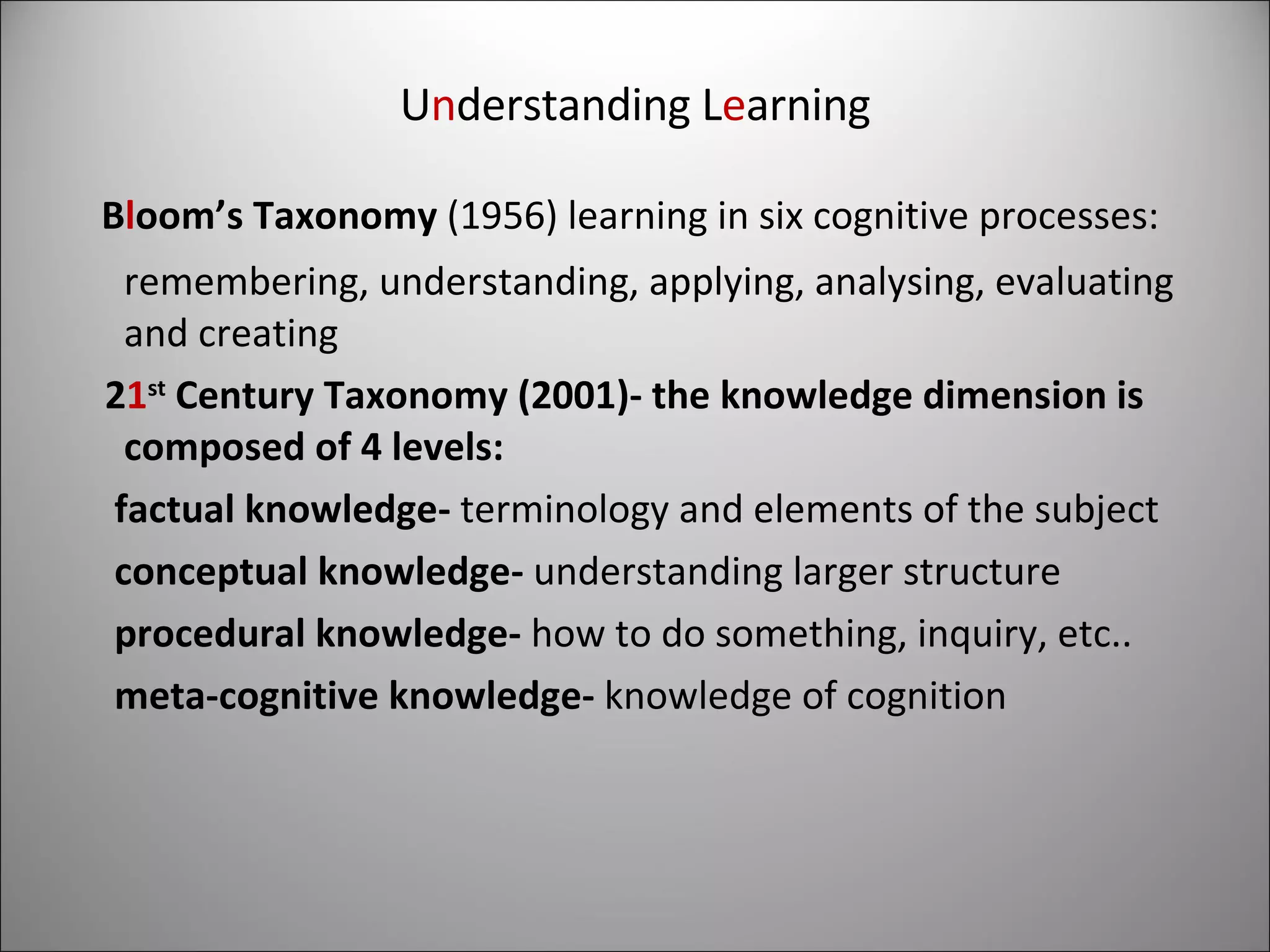 U n derstanding L e arning B l oom’s Taxonomy  (1956) learning in six cognitive processes: remembering, understanding, applying, analysing, evaluating and creating 2 1 st  Century Taxonomy (2001)- the knowledge dimension is composed of 4 levels: factual knowledge-  terminology and elements of the subject conceptual knowledge-  understanding larger structure procedural knowledge-  how to do something, inquiry, etc.. meta-cognitive knowledge-  knowledge of cognition 