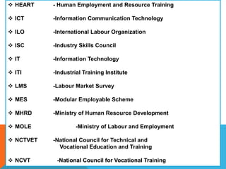  HEART - Human Employment and Resource Training
 ICT -Information Communication Technology
 ILO -International Labour Organization
 ISC -Industry Skills Council
 IT -Information Technology
 ITI -Industrial Training Institute
 LMS -Labour Market Survey
 MES -Modular Employable Scheme
 MHRD -Ministry of Human Resource Development
 MOLE -Ministry of Labour and Employment
 NCTVET -National Council for Technical and
Vocational Education and Training
 NCVT -National Council for Vocational Training
 